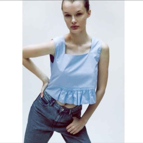 Zara Tops - Zara Ruffle Bottom Square Neck Crop Top Sky Blue Size XL
